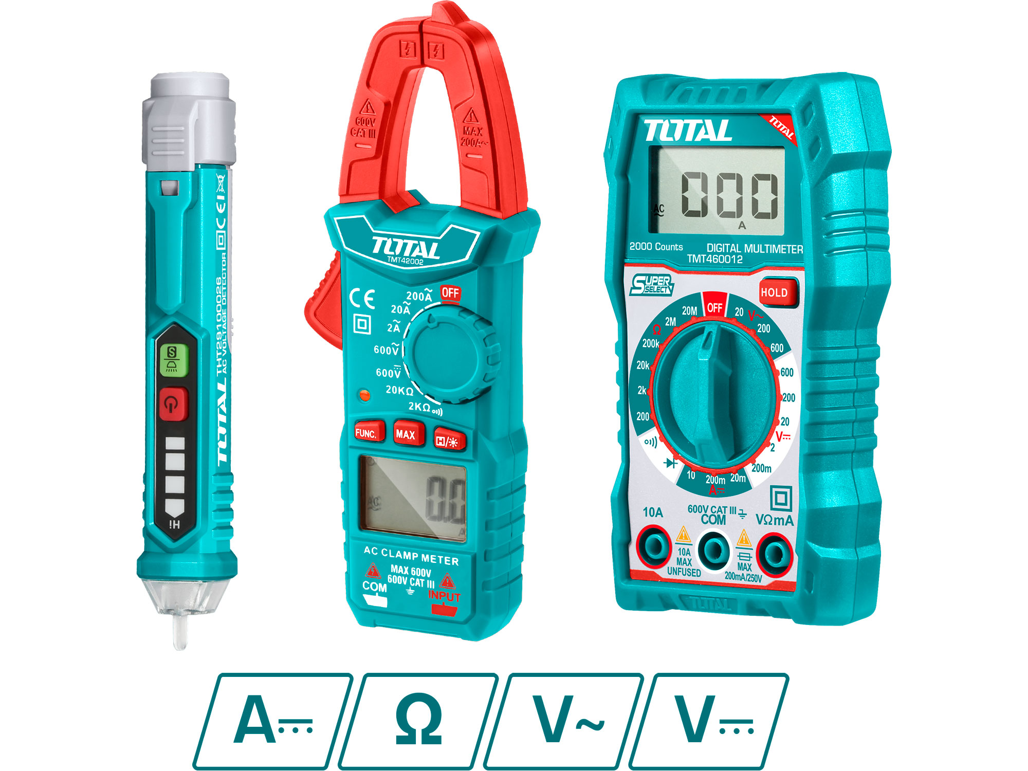 Dijital multimetre, pens multimetre ve AC voltaj test cihazından oluşan set, Total Dijital multimetre, pens multimetre ve AC voltaj test cihazından oluşan set, Total